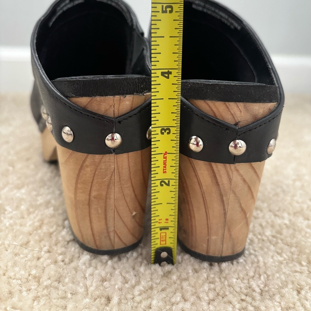 Chelsea & Violet Black Leather Clog Mules with Wooden Platform Heel - Picture 8 of 10